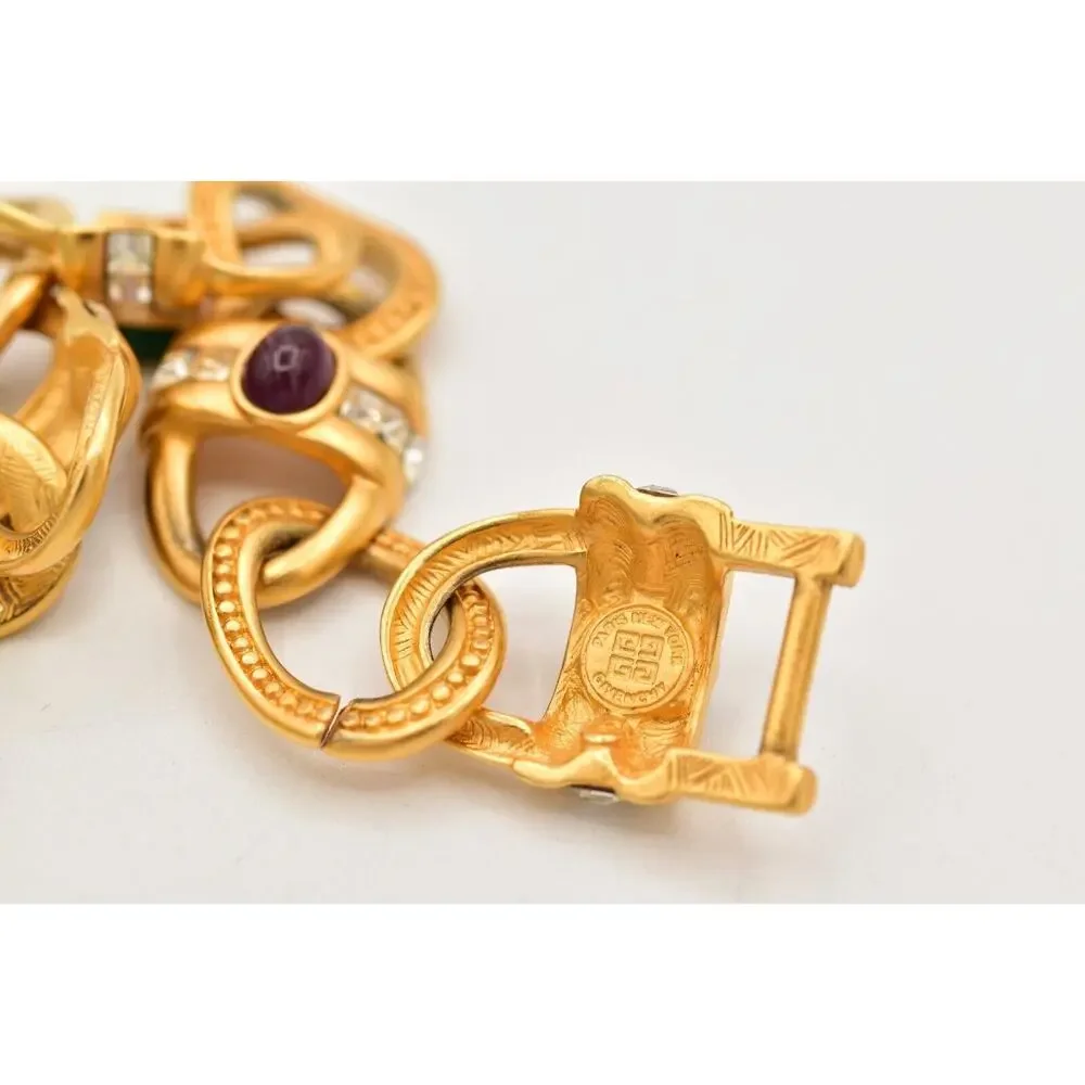 Givenchy Vintage Cabochon Bracelet Multi-Color Brushed Gold Crystal Signed BinAD